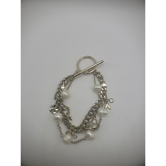 Vintage Bracelet Multi Strand Silver Tone Imitation Pearl Crystals Jewelry - Picture 9 of 11